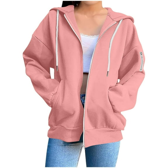 Mohiass Zip Up Hoodie Women 2025 Oversized Y2k Hoodies Long Sleeve Drawstring Lightweight Outdoor Jacket Pink S
