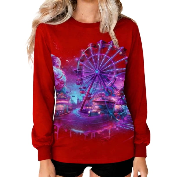 Camiseta con Capucha de Manga Larga de Cuello Redondo de Impresión de Carnaval Casual de las Mujeres Toda la Temporada