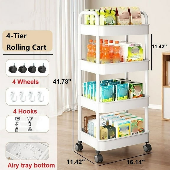 4-Tier Rolling Storage Cart, Plastic Storage Baskets, Hooks & Wheels, Mobile Shelving Unit Rolling Trolley for Living Room, Bedroom, Kitchen, Bathroom , Laundry Room, Small Narrow Spaces, White