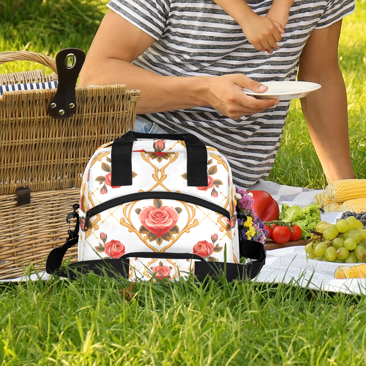 Herdesigns Vintage Rose Insulated Lunch Bag for Women Men Adults Large Reusable Lunch Box Flower Rose Leakproof Cooler Tote Bags with Adjustable Shoulder Strap