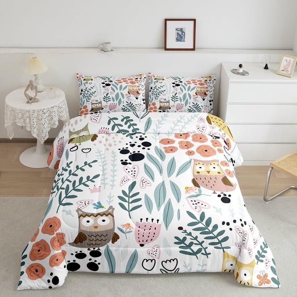 Juego de Cama Búho,Juego de Cama Búho de Dibujos Animados,Lindo Amor Corazón Hojas Flores