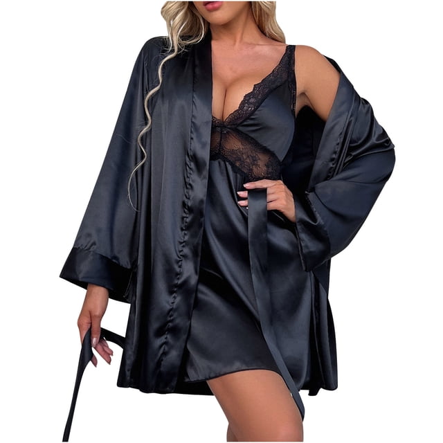 Yuyuzo Ensembles de Pyjamas en Satin pour Femmes, Cardigans à devant Ouvert avec Ceinture et Dentelle, Robe de Nuit à Col en V Profond, Peignoirs