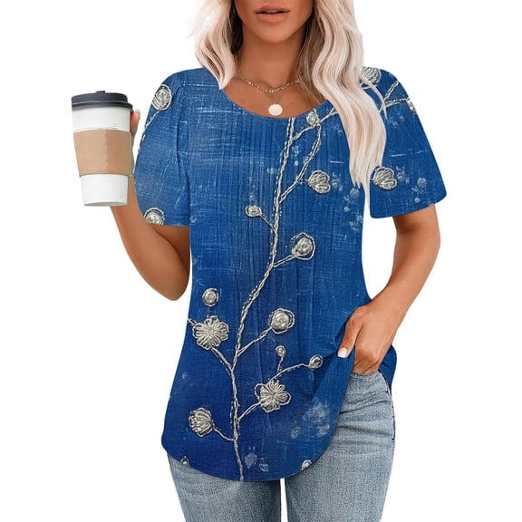 Viikei Women Tops Summer T-Shirts Short Sleeve,Blouse for Women Plus Size,Ladies' Casual Short Sleeved Loose Round Neck Printed Top Blue S