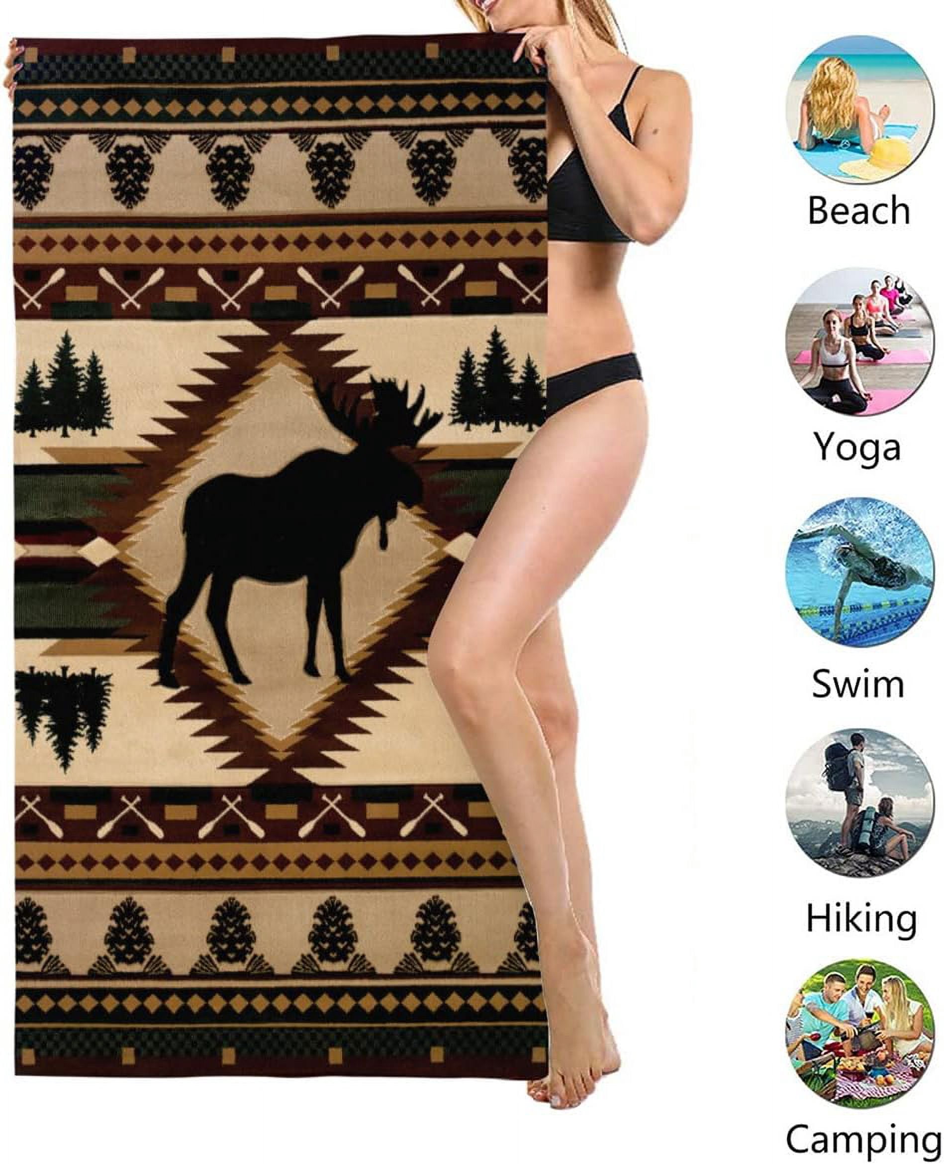 Retro Rustic Beach Towel, Moose Deer Bear Leaf Tree Country Style Farmhouse Microfiber Ultra Soft Quick Dry Highly Absorbent Bath Towels for Beach Party Outdoor Travel Swim Pool Yoga 33x52 Inch