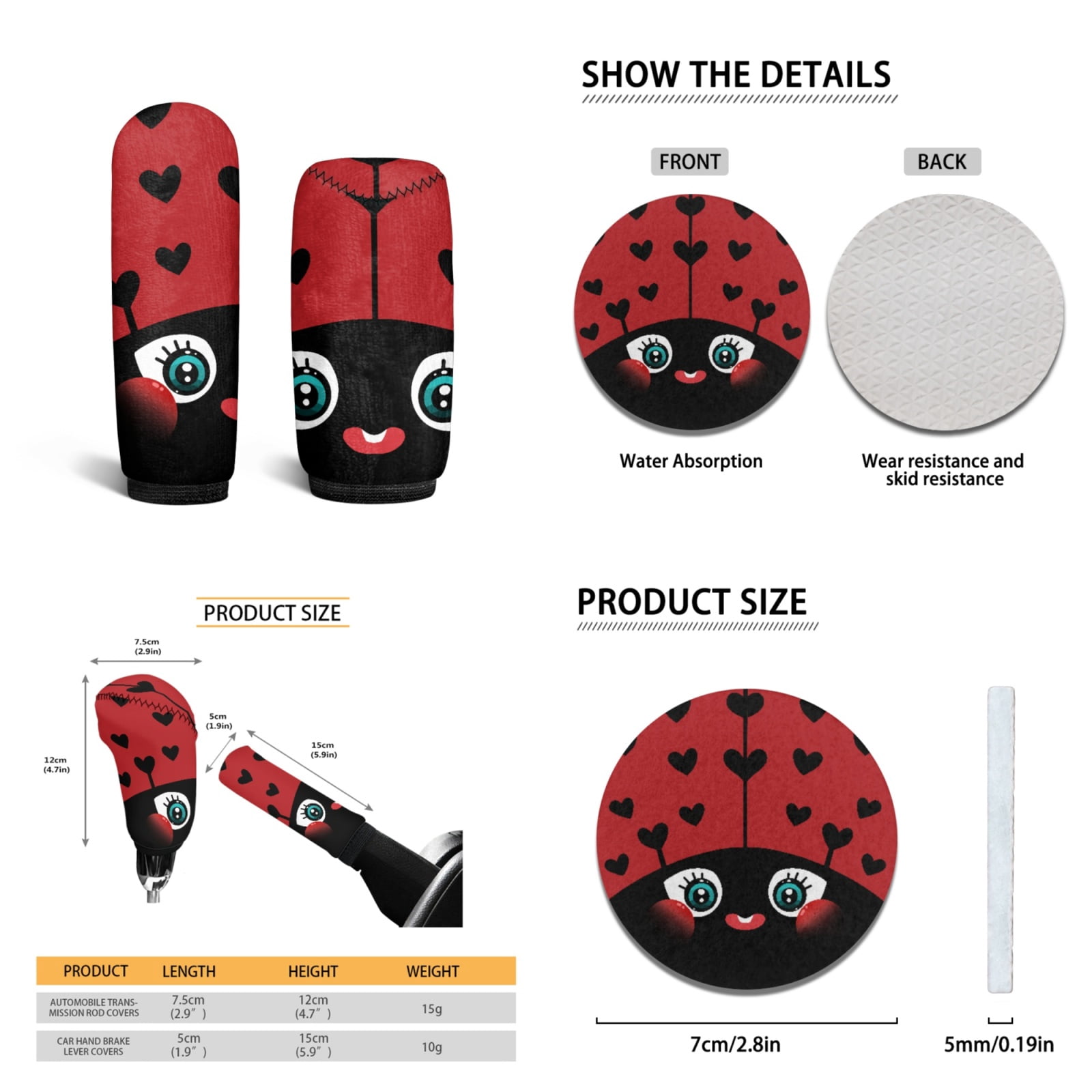 Yuyamidu Cute Ladybug Auto Seat Covers Full Set of 15 Red Car Carpet Mats Steering Wheel Cover Seat Belt Pads Cup Holder Handbrake Cover Gear Shift Cover