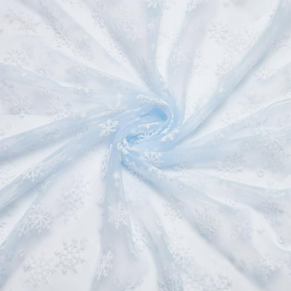 1.09 Yard Snowflake Tulle Fabric 69inch Light Blue Sheer Organza Fabric with Velvet Snowflake Pattern