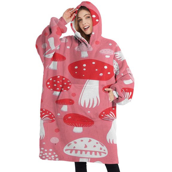 Oversized Wearable Blanket Hoodie,Red Mushroom Pattern Pink Pattern Sherpa Blanket Hoodie with Super Pockets,Super Warm Fuzzy Pullover for Women & Men