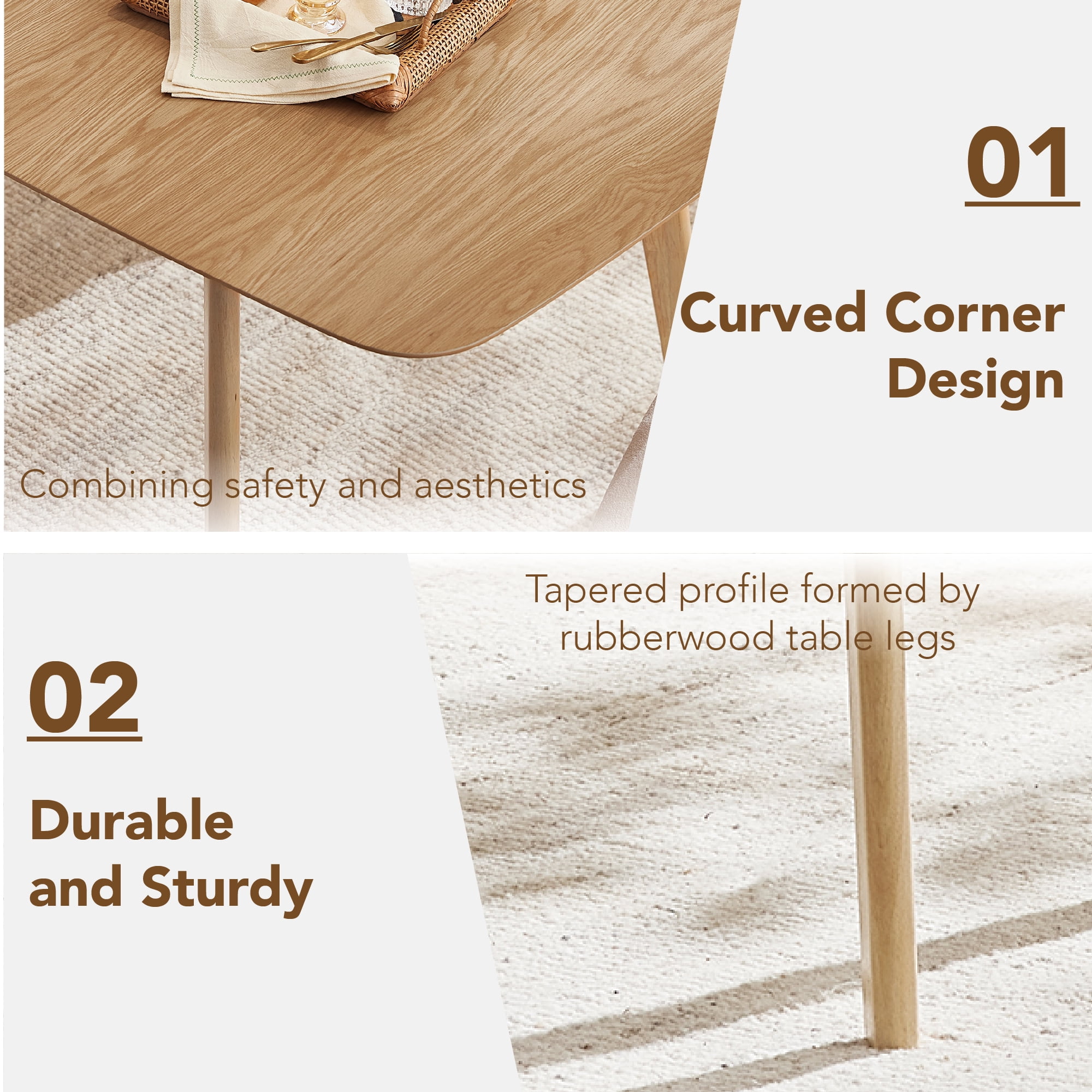 Spruce & Spring Modern Extendable Dining Table Set with Solid Rubberwood Tapered Legs, Scratch-Resistant Walnut/Oak Veneer Space-Saving Kitchen Table with Child-Safe Rounded Corners,Oak