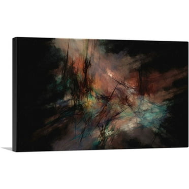 ARTCANVAS Black With Teal and Peach Modern Rectangle Canvas Art Print - Size: 26" x 18" (0.75" Deep)