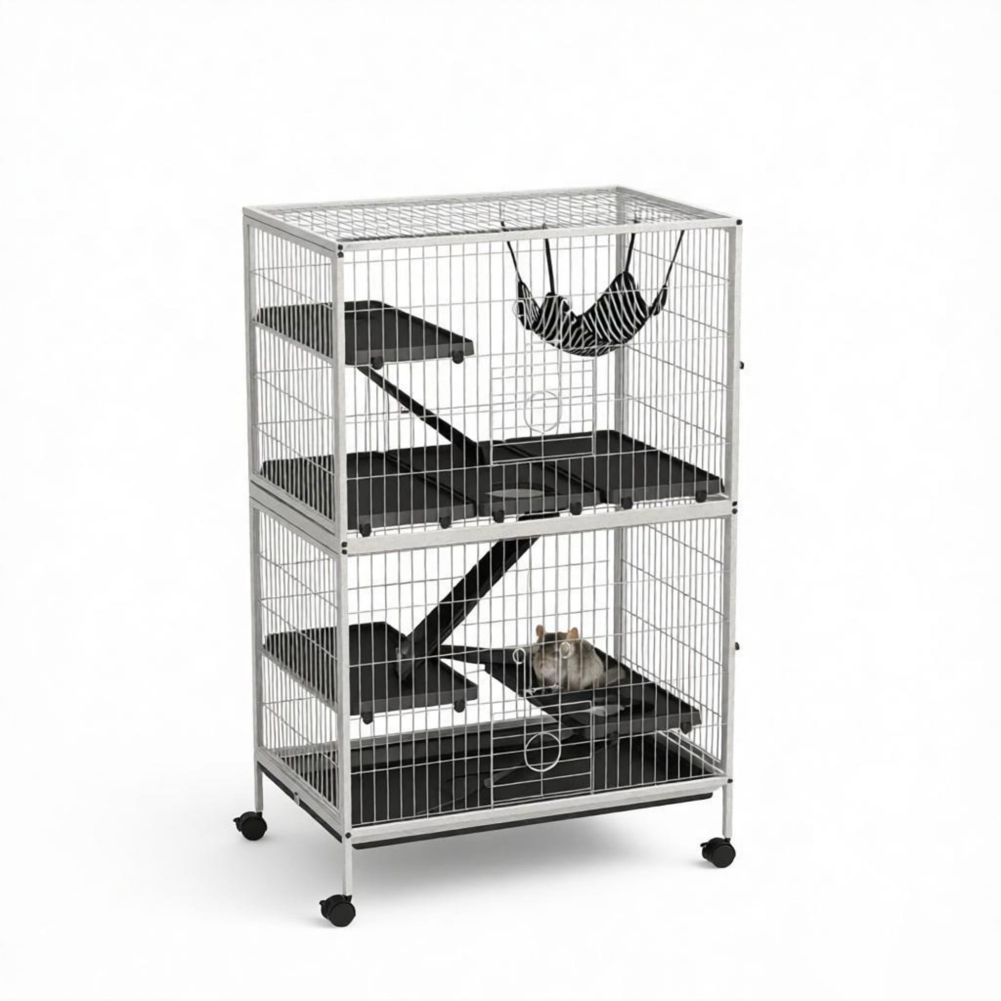 50 Inch Tall Rolling Ferret Chinchilla Cage, Small Animal Pet Habitat with Hammock, 4 Doors, Removable Tray