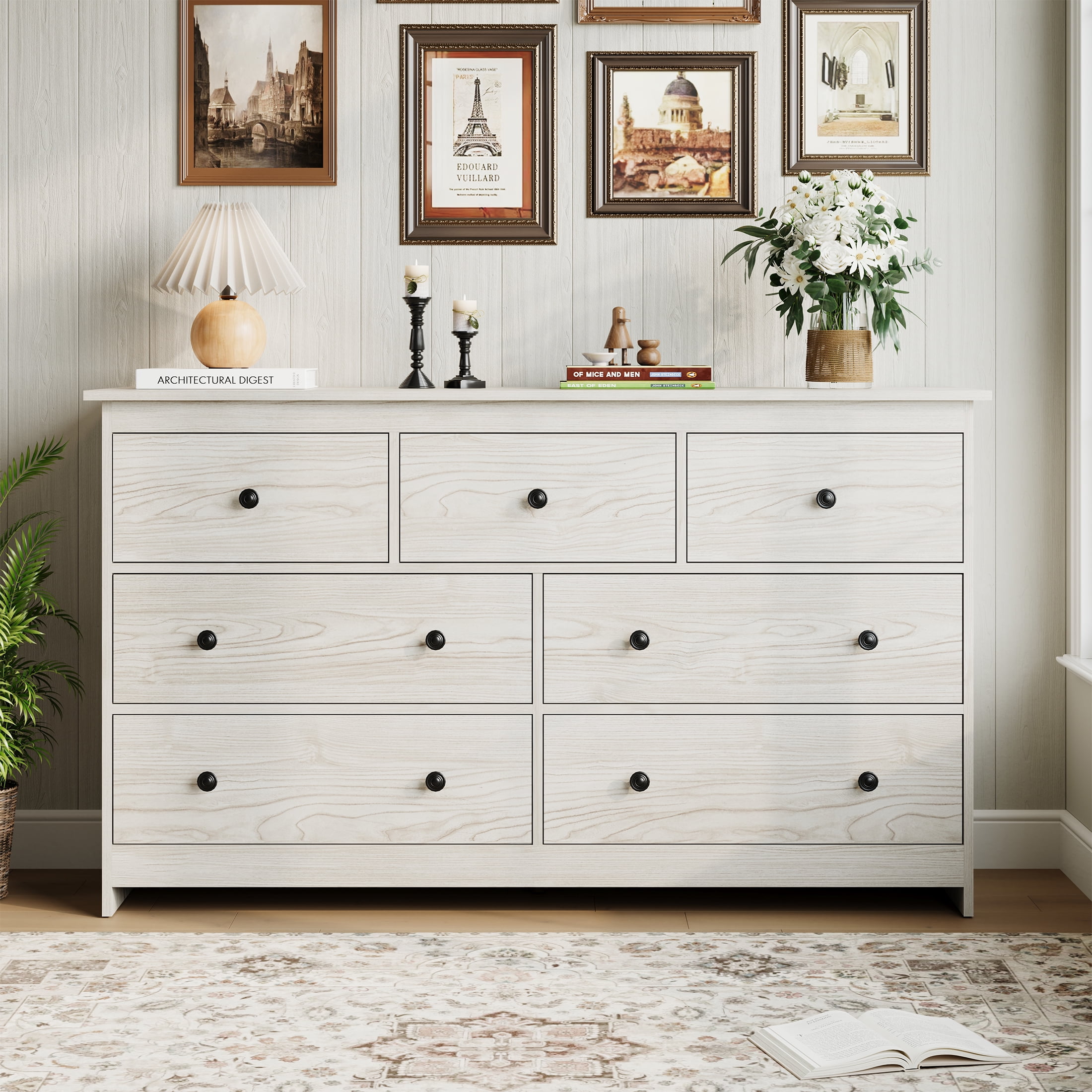 YouTrend 7 Drawer Dresser with Wood Grain, Modern Off-White/Beige Chests of Drawers Wood Adult Storage Cabinet for Bedroom Living Room Hallway