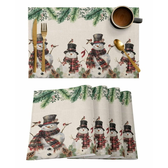 Vintage Snowman Placemats Set of 8 Christmas Winter Green Pine Tree Linen Heat Insulation Washable Place Mats, Rustic Non-Slip Table Mats for Dining Table Party Kitchen Decor,13x19 Inch