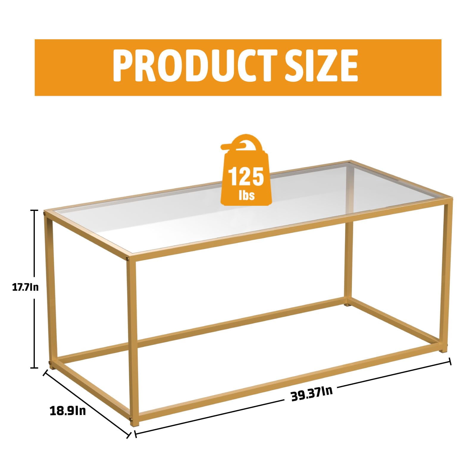 Tempered Glass Coffee Table - Minimalist Center Table for Living Room, Office - Modern Top With Sturdy Metal Frame & Open Storage - Easy Assembly, Gold