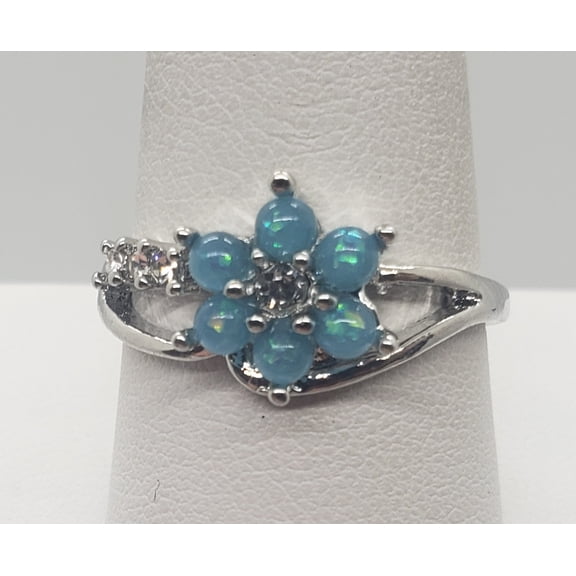 Size 10, Blue Fire Opal Flower Sterling Ring