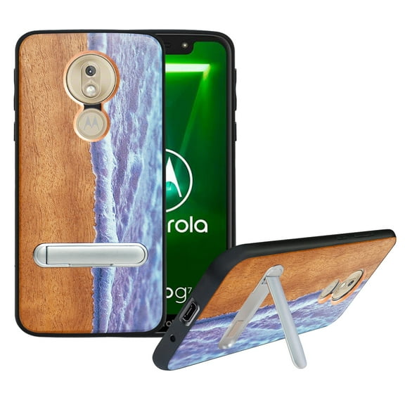 Labanema Motorola Moto G7 Play Case, Motorola Moto G7 Play Cover with Metal Kickstand, Natural Wood TPU Cover, Anti Scratch Case for Motorola Moto G7 Play (Waves)