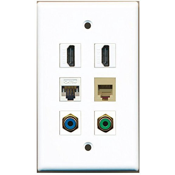 RiteAV - 2 HDMI 1 Port RCA Green 1 Port RCA Blue 1 Port Phone RJ11 RJ12 Beige 1 Port Cat5e Ethernet White Wall Plate