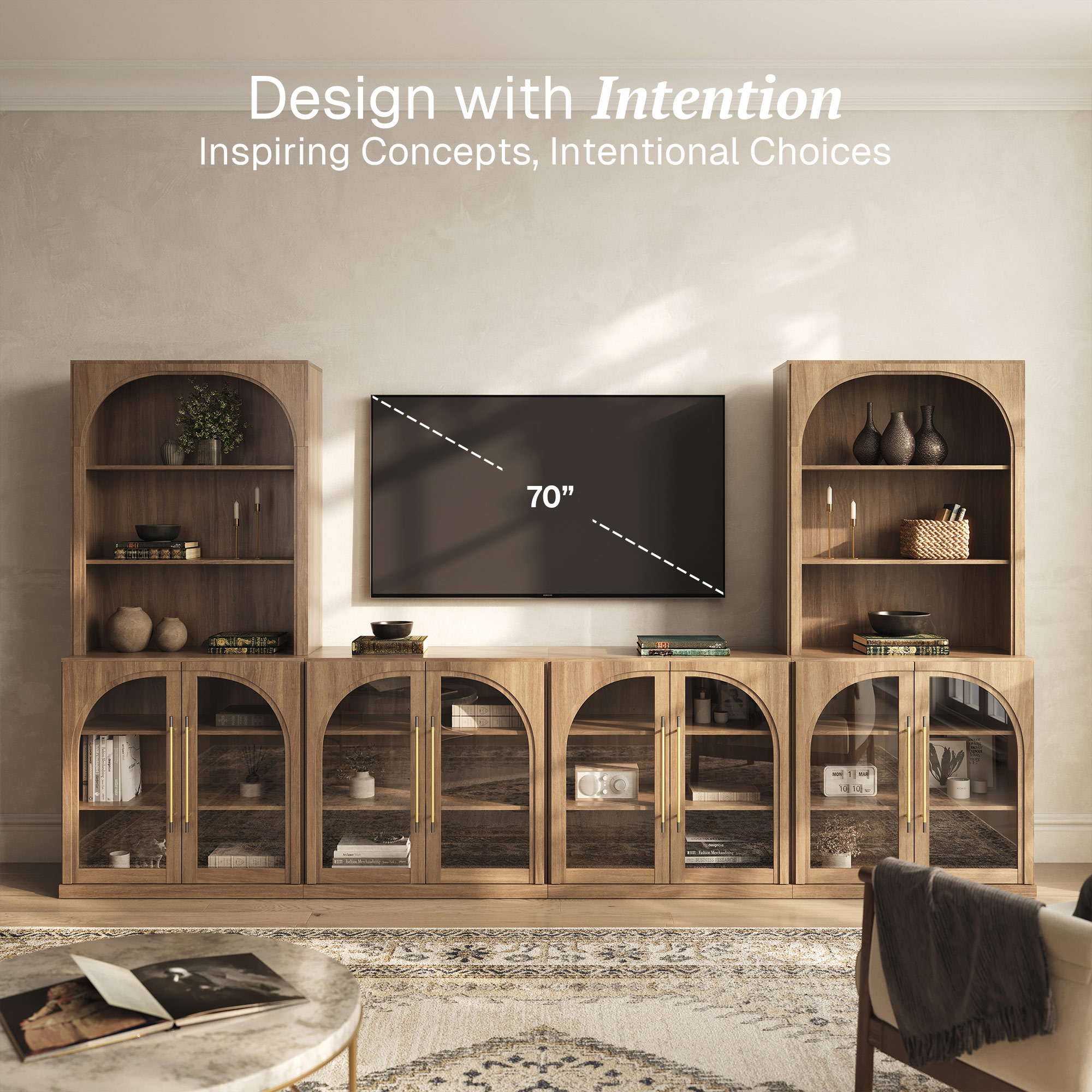 BELLEZE 6-Piece Modular TV Stand Set - 4 Arched Glass Door Entertainment Center & 2 Hutch Storage Units, Classic Modern Large Media Console with Adjustable Shelves for Living Room Family Room, Camel