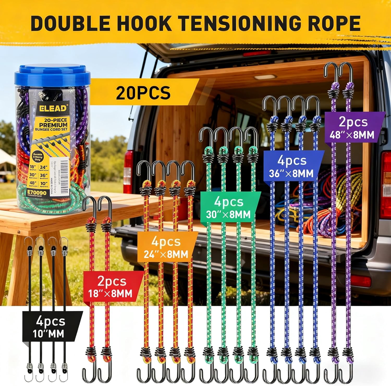 Bungee Cords Heavy Duty Outdoor: 20 Pcs Premium Rubber Bungee Cords with Hooks in a Storage Jar Includes 10", 18", 24", 30", 36", 48" Bungee Cord for Camping, Tent, Fastening Items