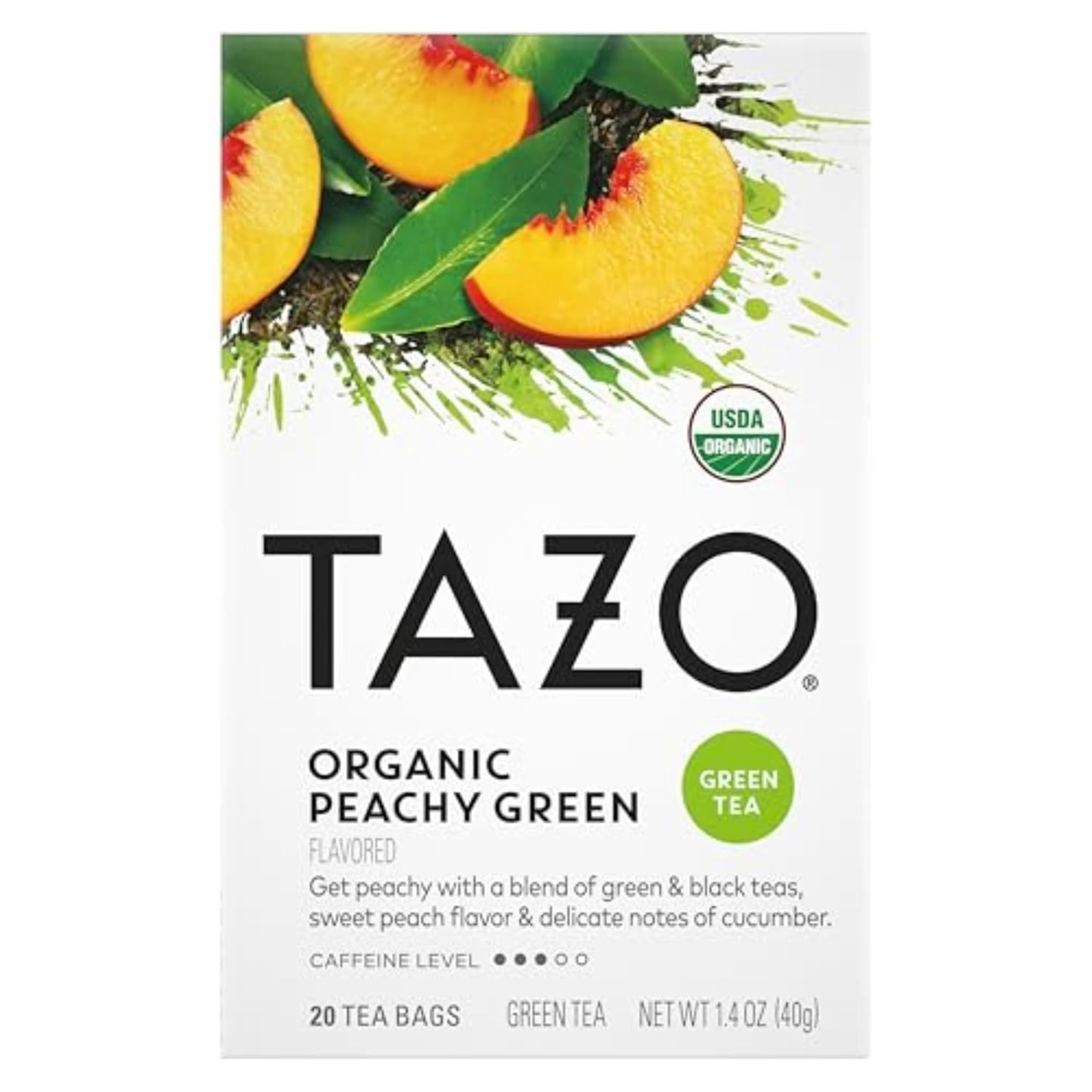 TAZO Peachy Green Tea Bags USDA Organic Half Caffeine 20 Count Pack of 6