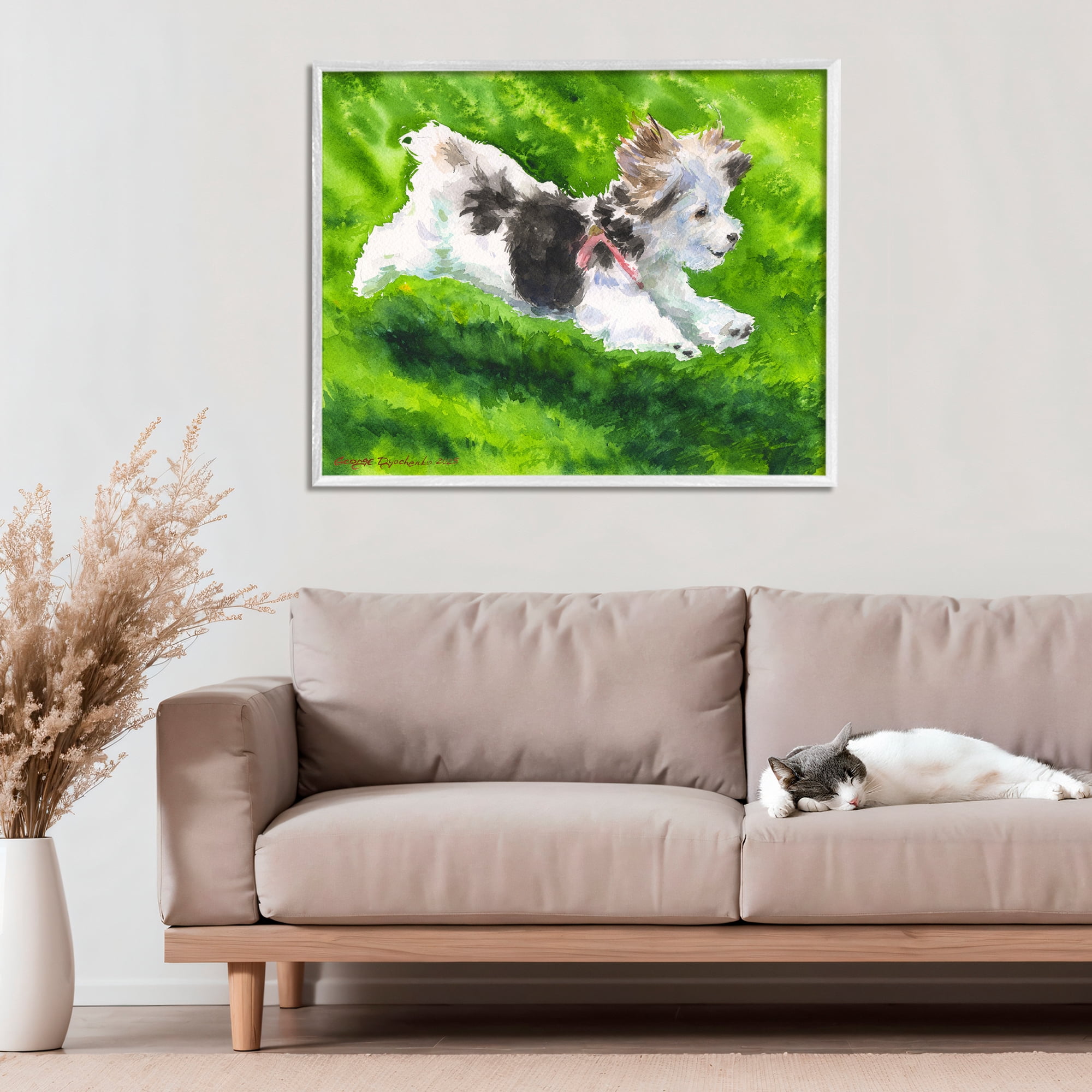 Stupell Industries Happy Maltipoo Running White Framed Giclee Art, design by George Dyachenko