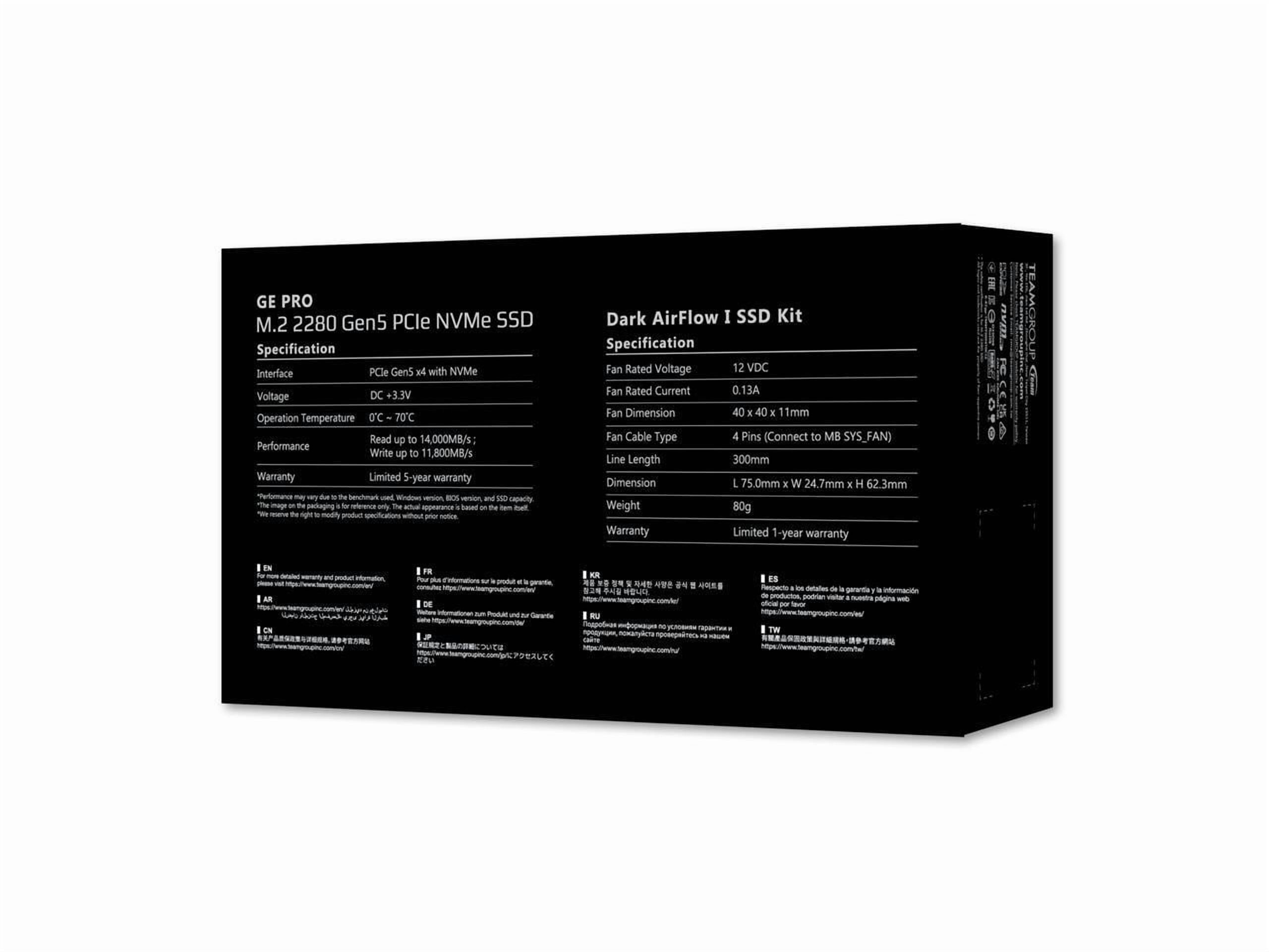 Team Group T-FORCE GE PRO M.2 2280 4TB PCIe Gen 5.0x4 with NVMe 2.0 3D NAND Internal Solid State Drive (SSD) with AirFlow 1 TM8FG3004T0C133