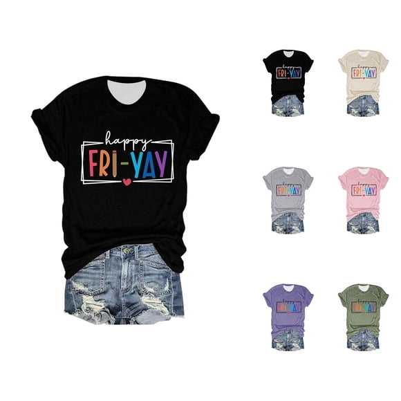 Happy Friday Teacher T Shirts for Women 2026 Summer Trendy Short Sleeve Crewneck Funny Friday Weekend Graphic Tees