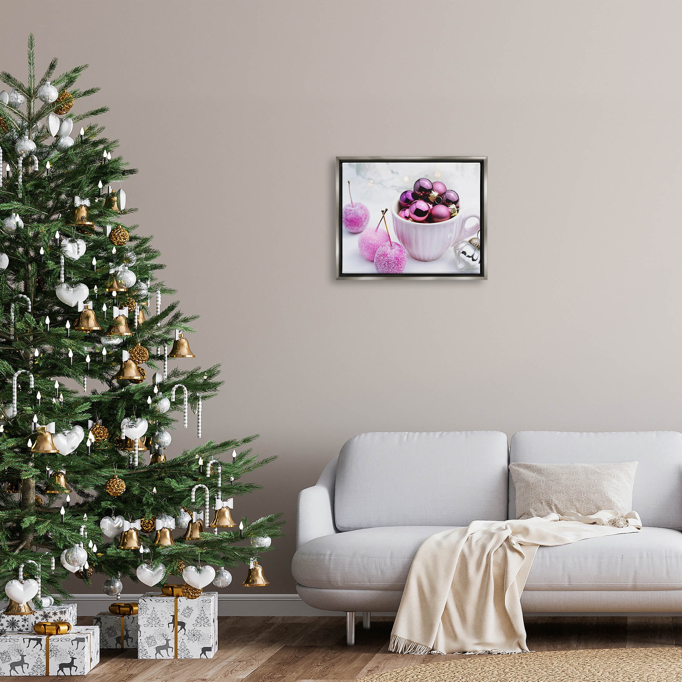 Glimmering Pink Christmas Ornaments Holiday Photograph Luster Gray Framed Art Print Wall Art