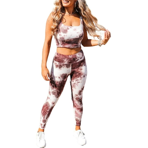 Women Tie Dye Workout Set Outfit High Waist Athletic Leggings and Sports  Bra Set Gym Clothes 