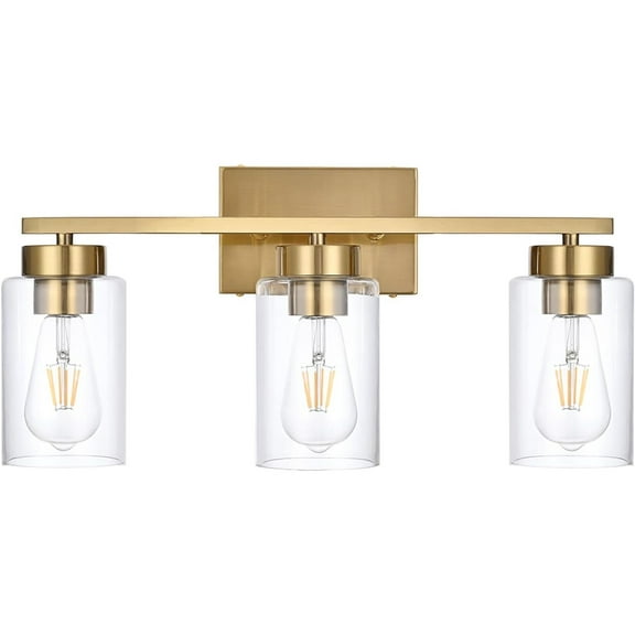 3-Light Bathroom Vanity Light, Modern Brushed Gold Wall Lights with Clear Glass Shades, Bathroom Wall Sconce Lamp for Mirror Living Room Bedroom Hallway