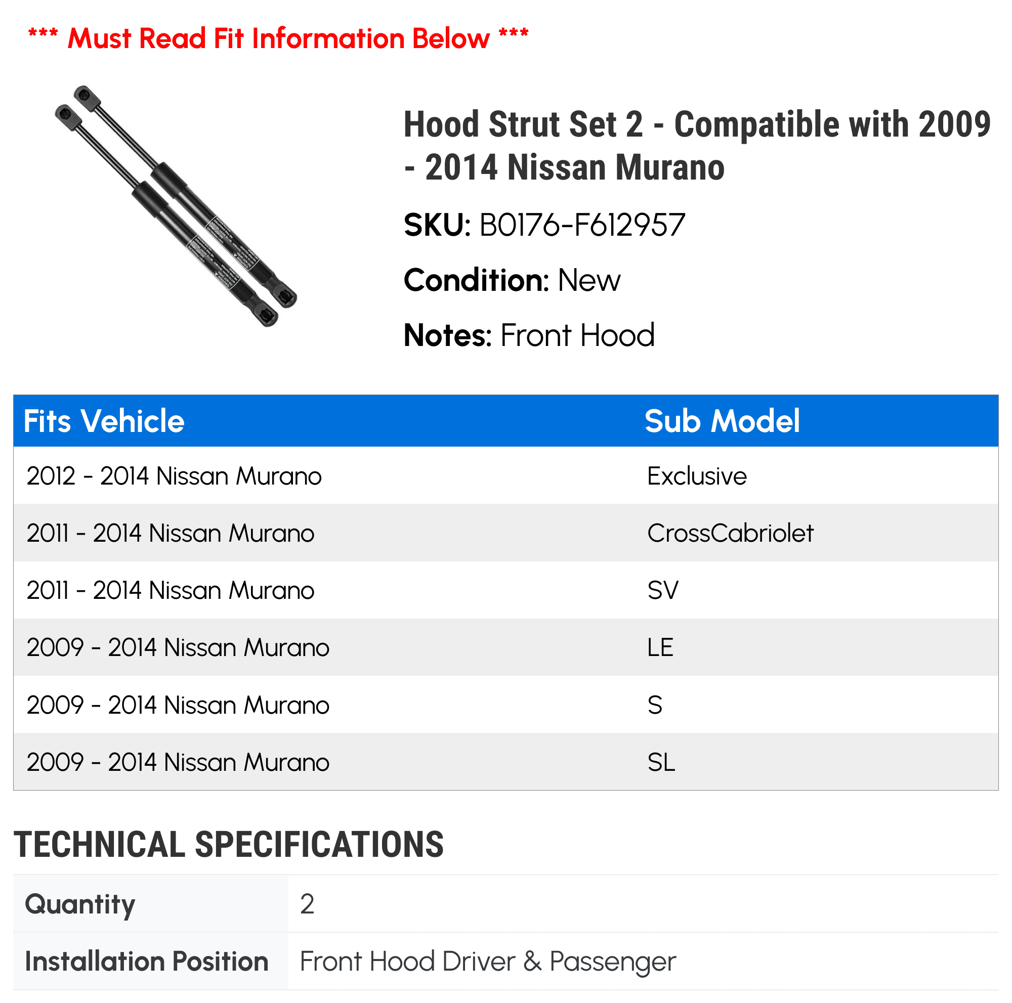 Hood Strut Set 2 - Compatible with 2009 - 2014 Nissan Murano - Autopart Premium