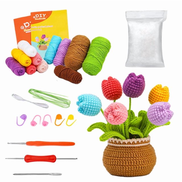 Kit de crochet para principiantes, kit de flores en maceta de crochet, kit completo de crochet para principiantes adultos con instrucciones paso a paso