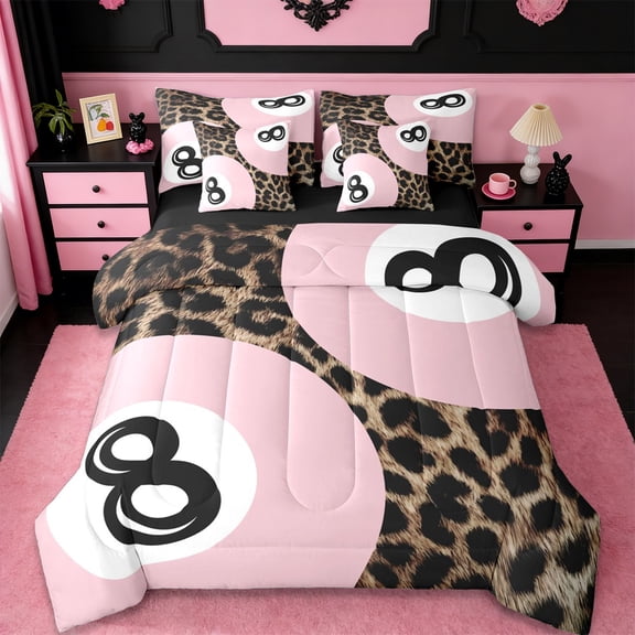 Erosebridal Girls Ball Games 7-Piece Twin Bedding Sets For Billiards Gamer,Wild Cheetah Pattern Bedding Comforter Set For Girls Kids,Reversible
