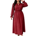 thumbnail image 4 of Karymi Polka Dot Print Midi Maxi Dress, Tie Keyhole Crew Neck Long Ruffle Cuff Sleeve Dress, Elastic Ruched Waist Plus Size Sundress Cocktail Dresses for Women, 4 of 7