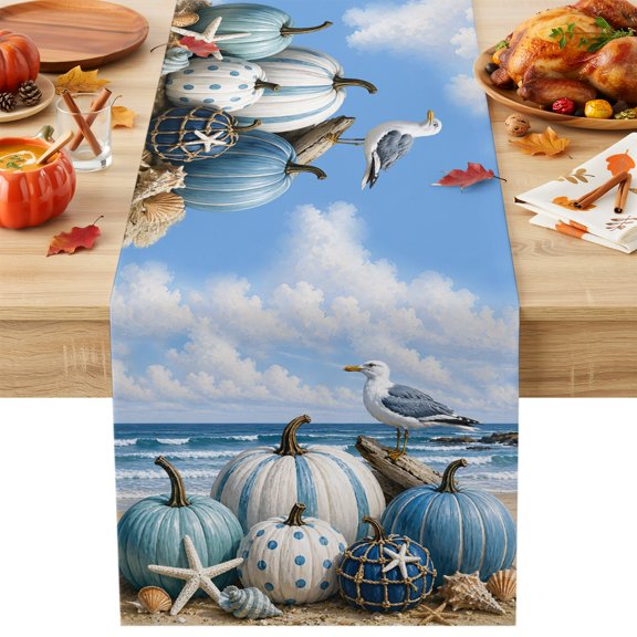 Thanksgiving Beach Cotton Linen Table Runner Nautical Ocean Seagull Pumpkin Starfish Shell Dining Table Runners for Home Decor Party Dining Room Restaurant Kitchen Party 13" x 48"