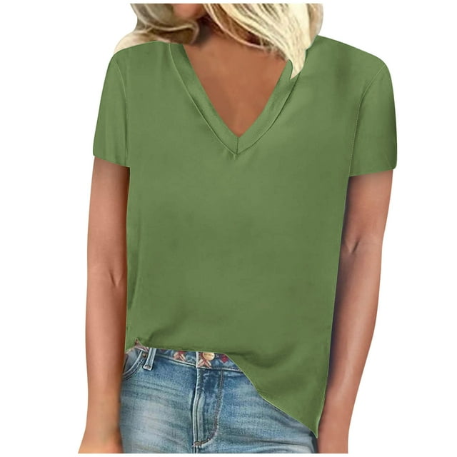 FAIWAD Womens Summer Tops Short Sleeve V Neck Pullover Shirts Loose Casual Solid Color Basic Tops