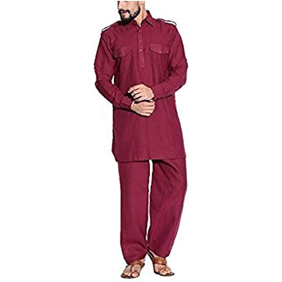Royal Men's Maroon Cotton Pathani Suit Set