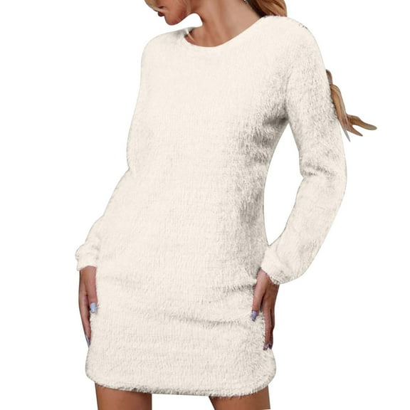 Zedker Sweater Dresses for Women 2025 Knit Dresses Long Sleeve Dress Casual Fall Winter Round Neck Oversized Loose Short Sweater Dress Plus Size Beige L