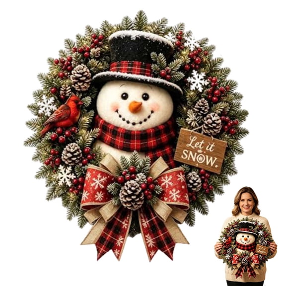 ZIZOCWA Snowman Lighted Christmas Wreaths for Front Door Decors 14Inch Artificial Pinecone Bow Wreath