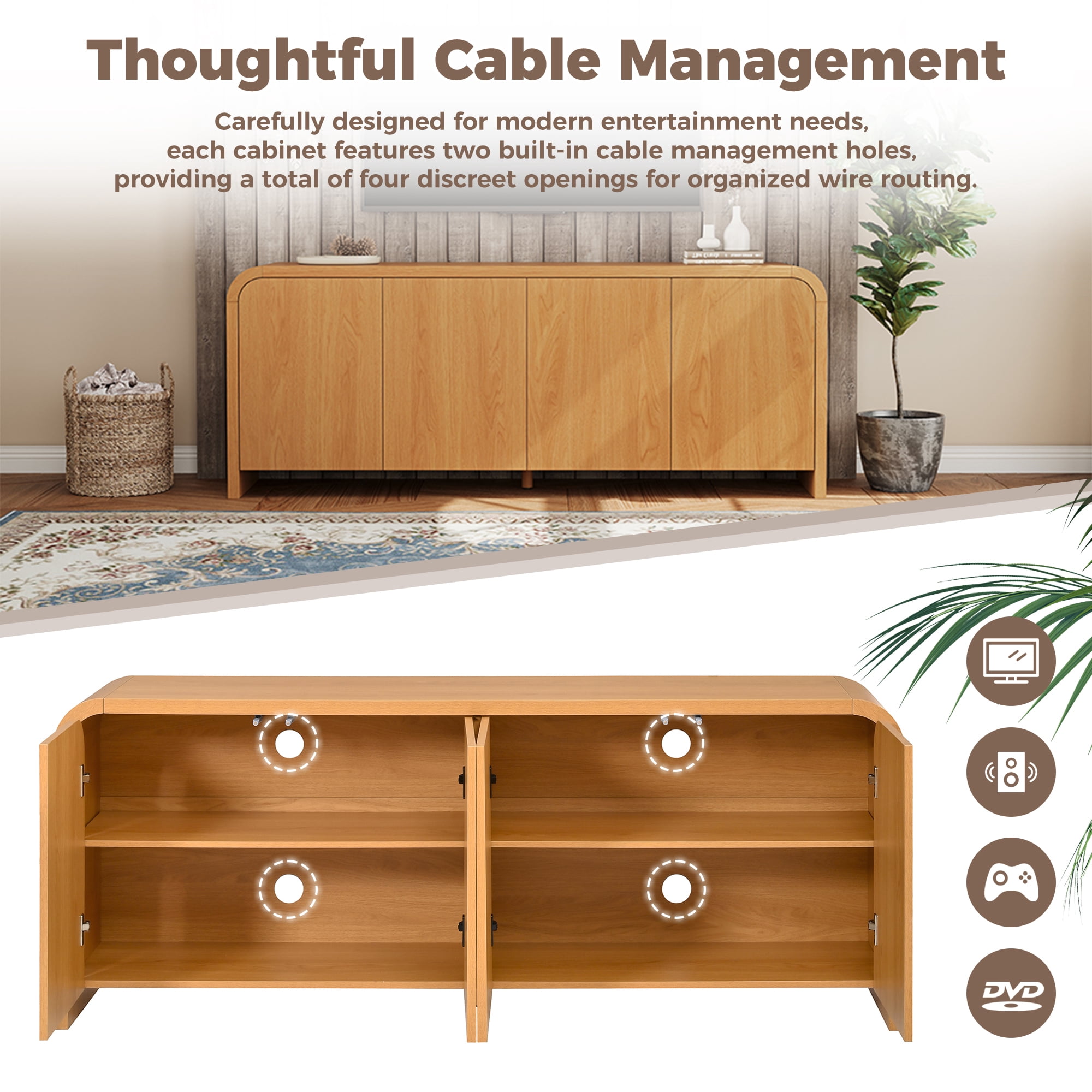 Leumius Farmhouse Curved Edge TV Stand with Large Cabinets for TVs up to 70", Minimalist Wood Grain Media Console with Cable Management and Adjustable Shelves for Living Room, Natural