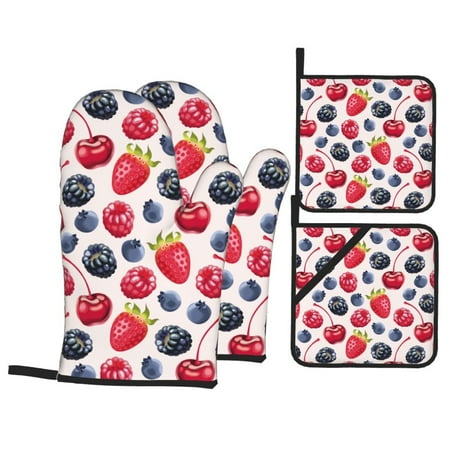 

Oven Mitts and Pot Holders Sets 4 pcs Blueberry red Print Non-Slip Oven Gloves Potholders Soft Quilted Lining Heat Resistant Gloves Hot Pads for Kitchen Cooking Baking