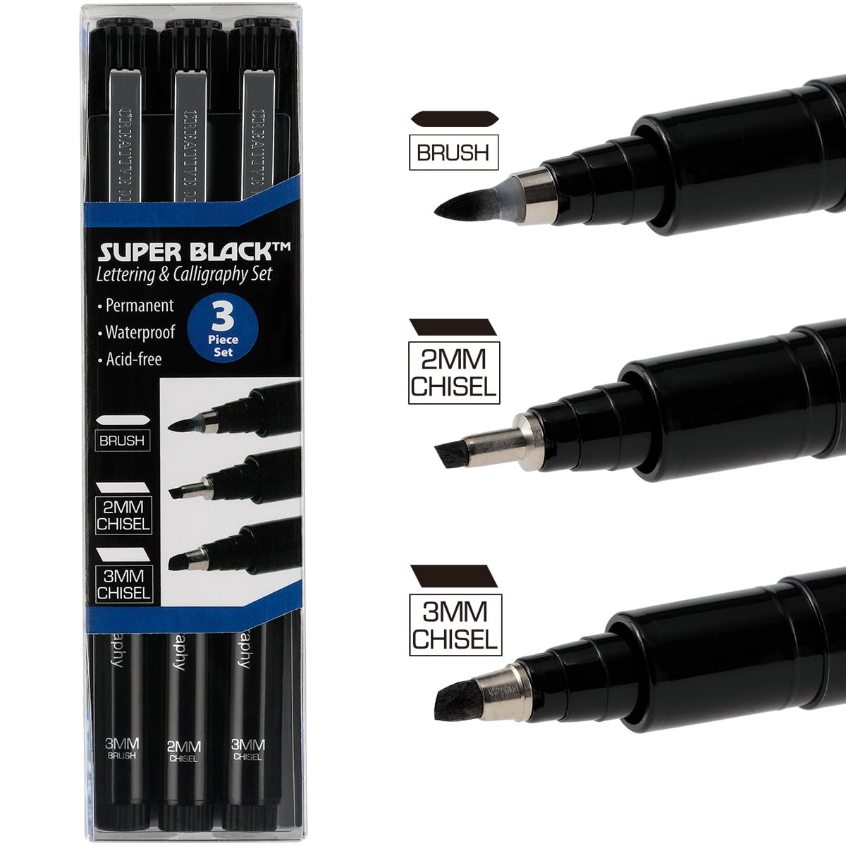 Creative Mark Calligraphy & Fineliner Pen Set of 3- 2 Pack (6 Total Pens) Lettering & Calligraphy Drawing - Super Black, Permanent, Waterproof, & Acid-Free Chisel Nylon-Nibs Pens & Medium Brush Tip