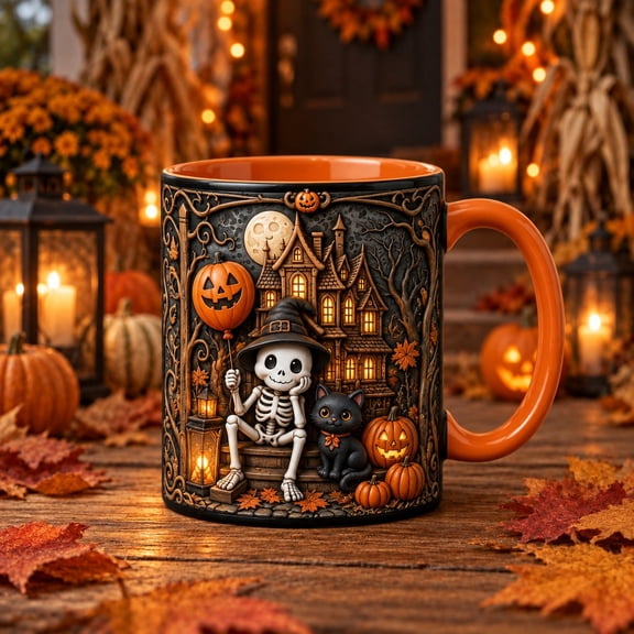 Halloween Mug Skeleton Pumpkin Balloon Black Cat Coffee Cup for Spooky Season Gifts