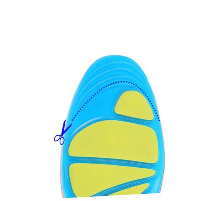 shoe insoles, football pad, foot pad, insole, shoe mat, sport accessories plantilla deportiva recortable azul y amarilla, vista frontal centrada con zonas acolchonadas amarillas y textura transpirable, arco pronunciado y talón con refuerzo visible, línea punteada y símbolo de tijeras que indica ajuste por recorte; también adecuada para usar como plantilla de reemplazo en zapatillas de correr.