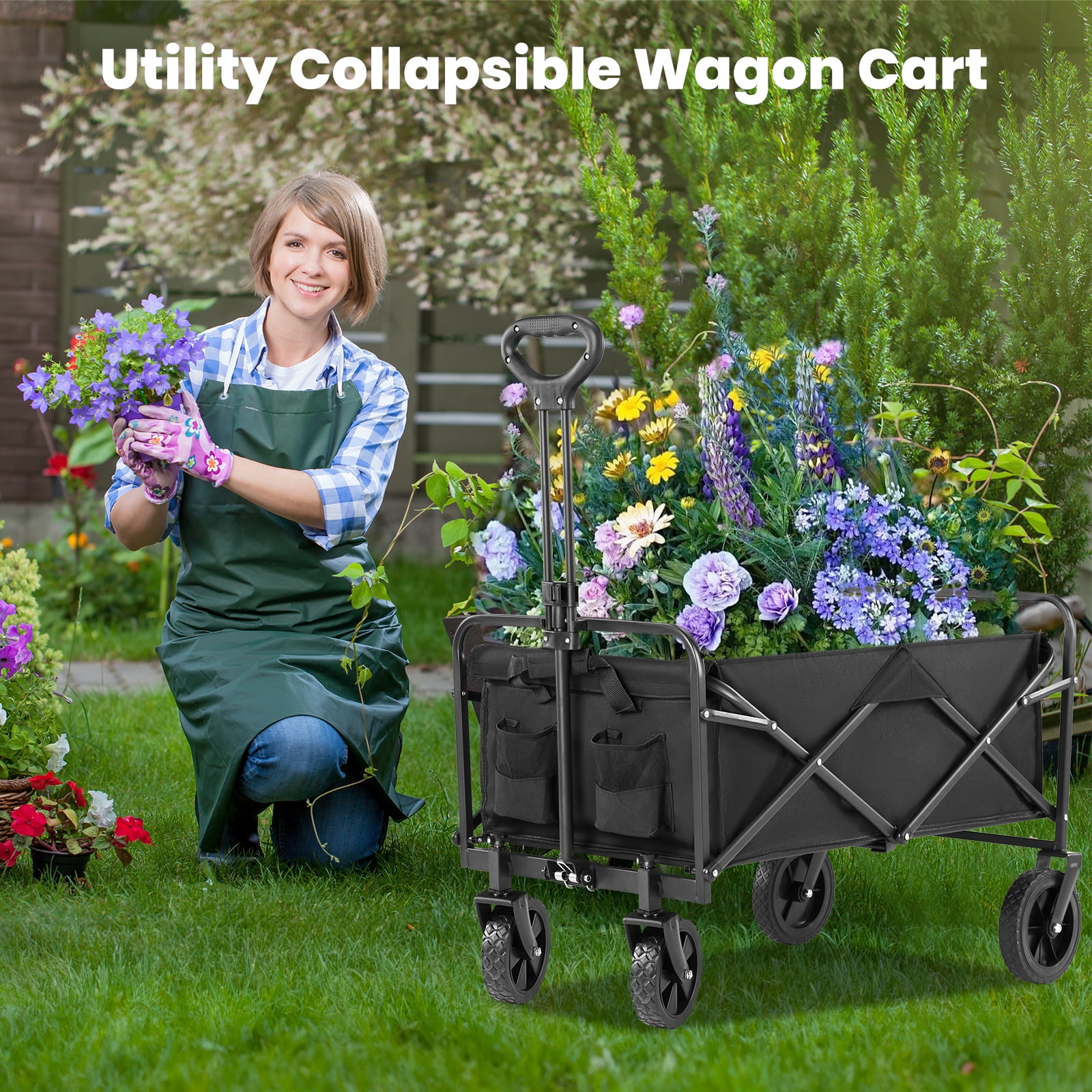 GIANNA Portable Shopping Wagon Cart, Large Capacity Utility Cart with Drink Holders, Foldable, Middle, Black