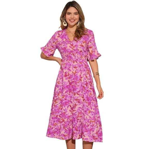 DARING DIVA Floral Summer Casual Ruffled Hem Wrap Midi Dress XS Rose Pink