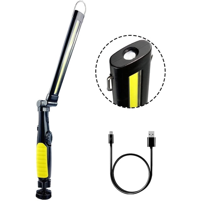 Luz de trabajo COB, linterna LED plegable recargable, lámpara de inspección con base magnética y gancho para colgar para talleres automotrices, campamentos, emergencias amarillas