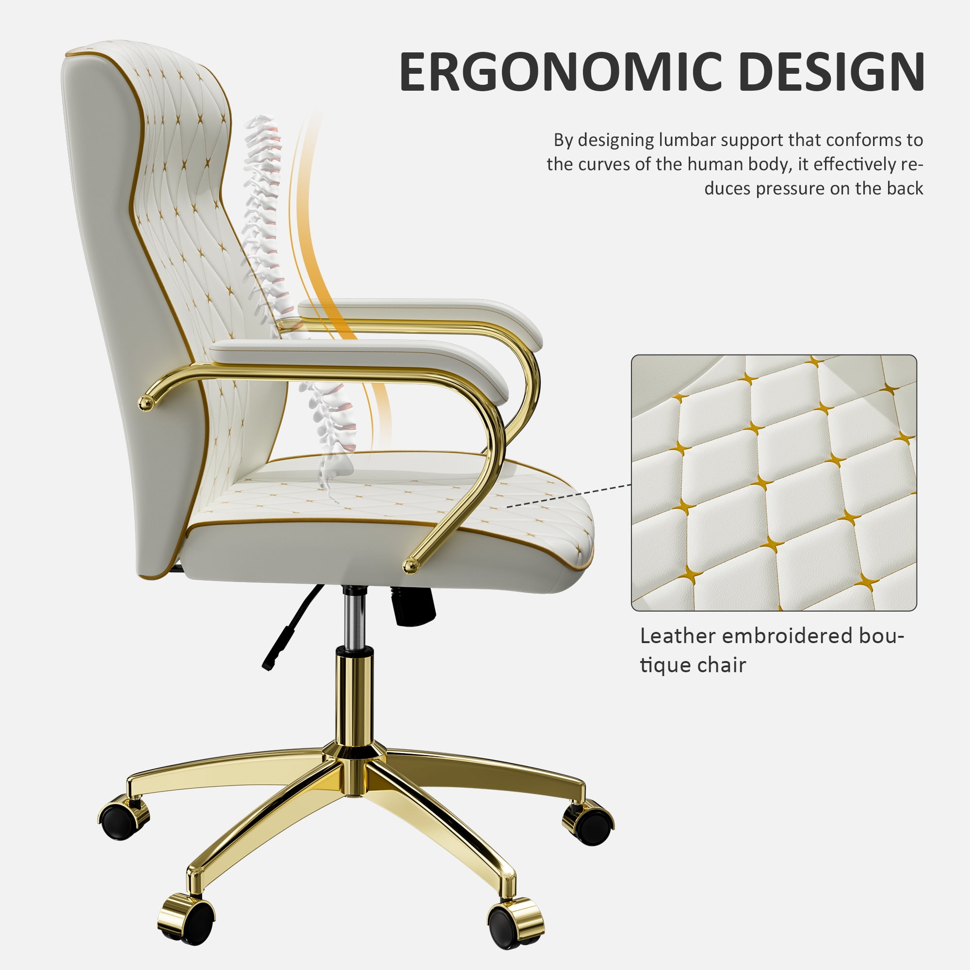 Ninecer Swivel PU Leather Office Chair, Ergonomic High Back Desk Chair with Padded Armrests, Computer Desk Chair with Gold Metal Frame, White