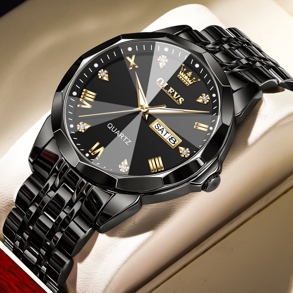 OLEVS Watch for Men Diamond Business Dress Analog Quartz Stainless Steel Waterproof Luminous Date Luxury Casual Wrist Watch Black Dial