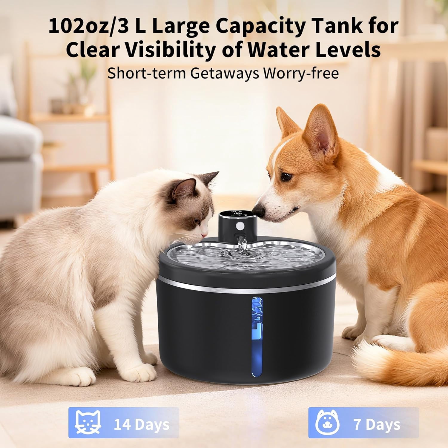 Cordless Cat Water Fountain 108oz 3L Stainless Steel Motion Sensor Battery Operated Pet Drinking Fountain