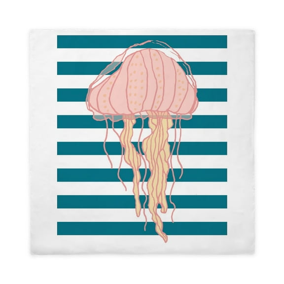 CafePress - Blue White Bold Stripes Hand Drawn Jellyfish Queen - Queen Duvet